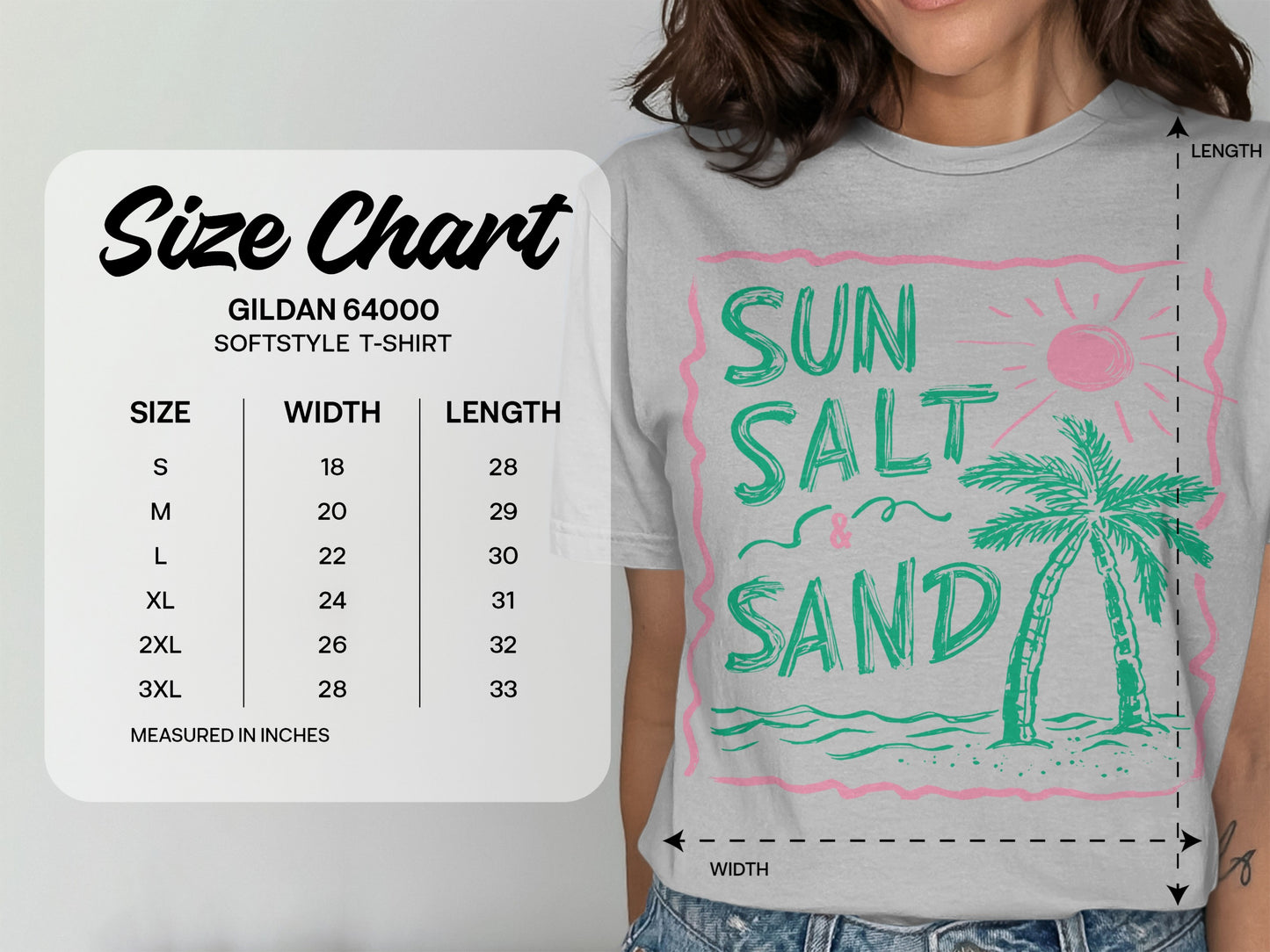 Gildan 64000 Softstyle t-shirt size chart showing measurements.