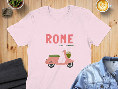 Pink t-shirt with "ROME TOUS LES CHEMINS" and a pink scooter graphic.