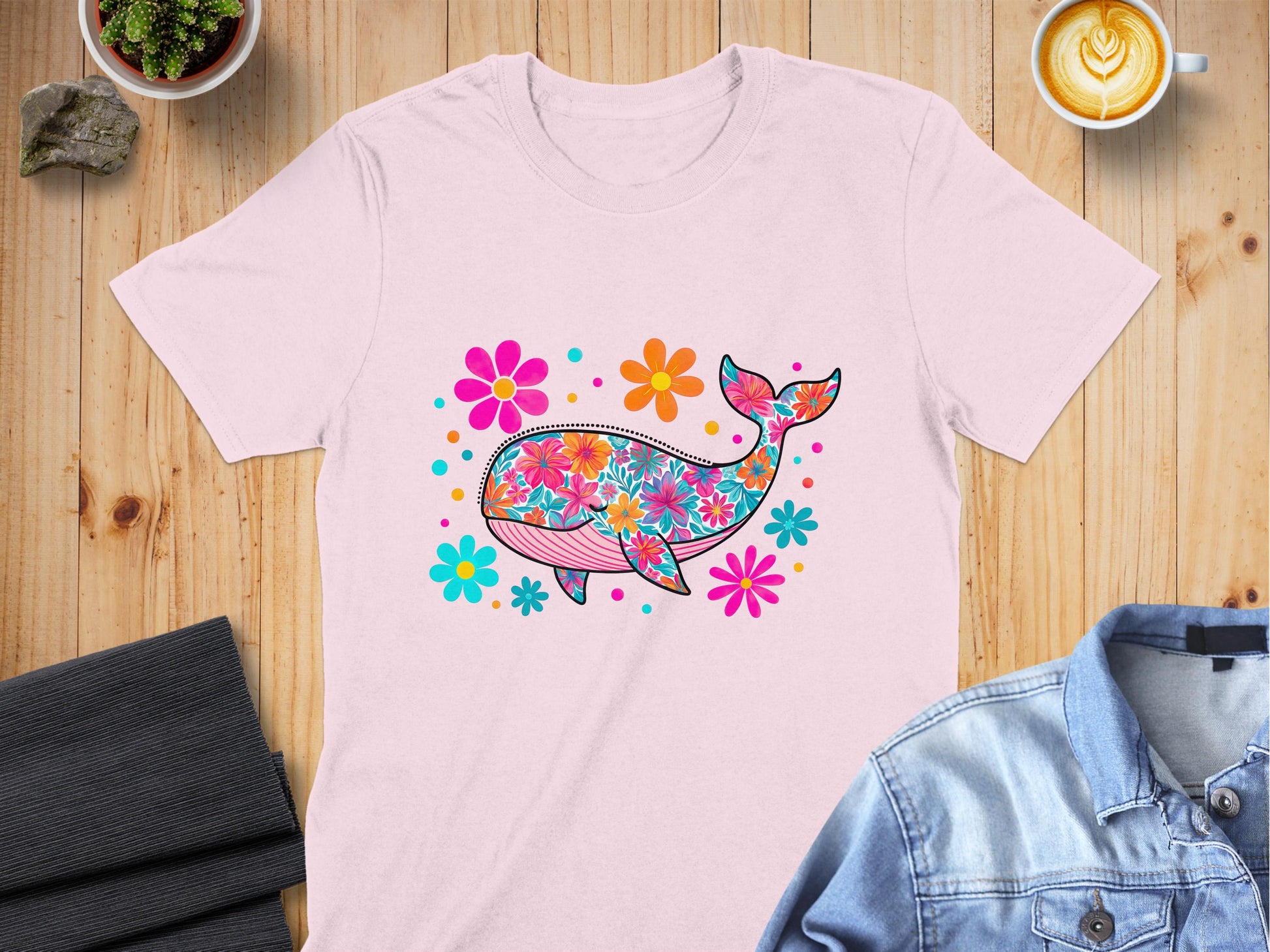 Colorful Floral Whale Graphic on Light Pink T-Shirt product