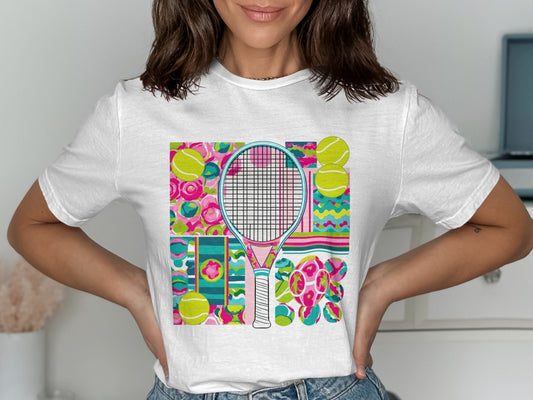 Colorful Tennis Racket and Balls Graphic Shirt product type