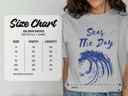 Gildan 64000 t-shirt size chart with width and length measurements.