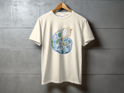 Cream t-shirt with a blue and green spiral seashell graphic.