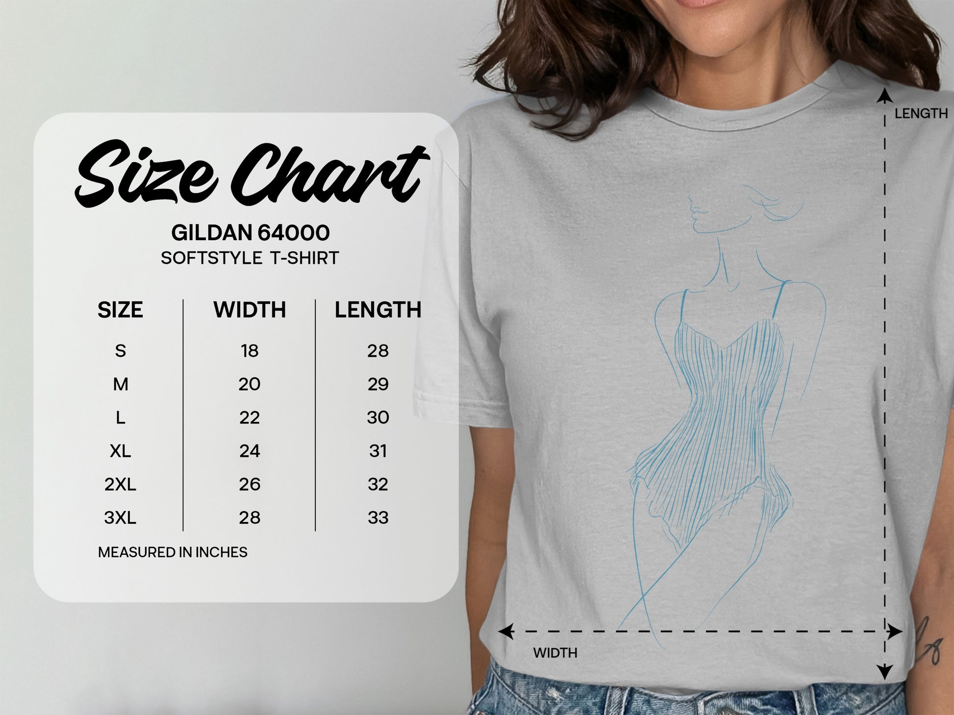 Gildan 64000 Softstyle T-Shirt size chart with width and length measurements.