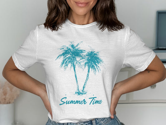 White t-shirt with teal palm trees and "Summer Time" text.