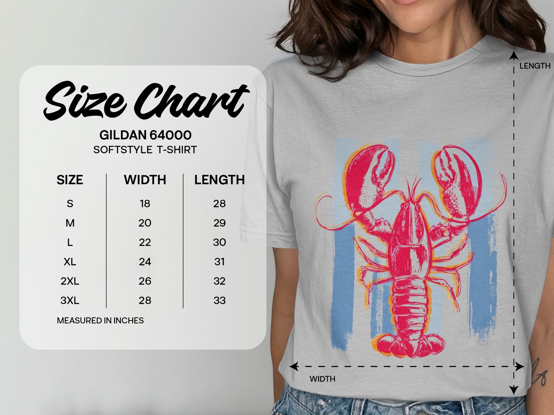 Gildan 64000 Softstyle T-shirt size chart with measurements in inches.