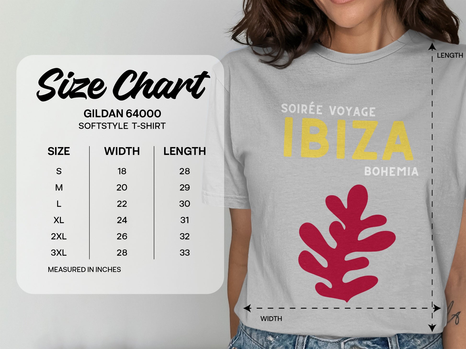 Gildan 64000 Softstyle T-shirt size chart with measurements in inches.
