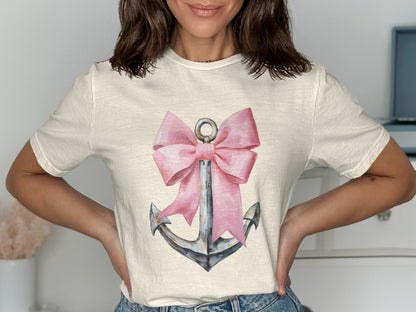 Pink Bow Anchor Graphic White T-Shirt product type