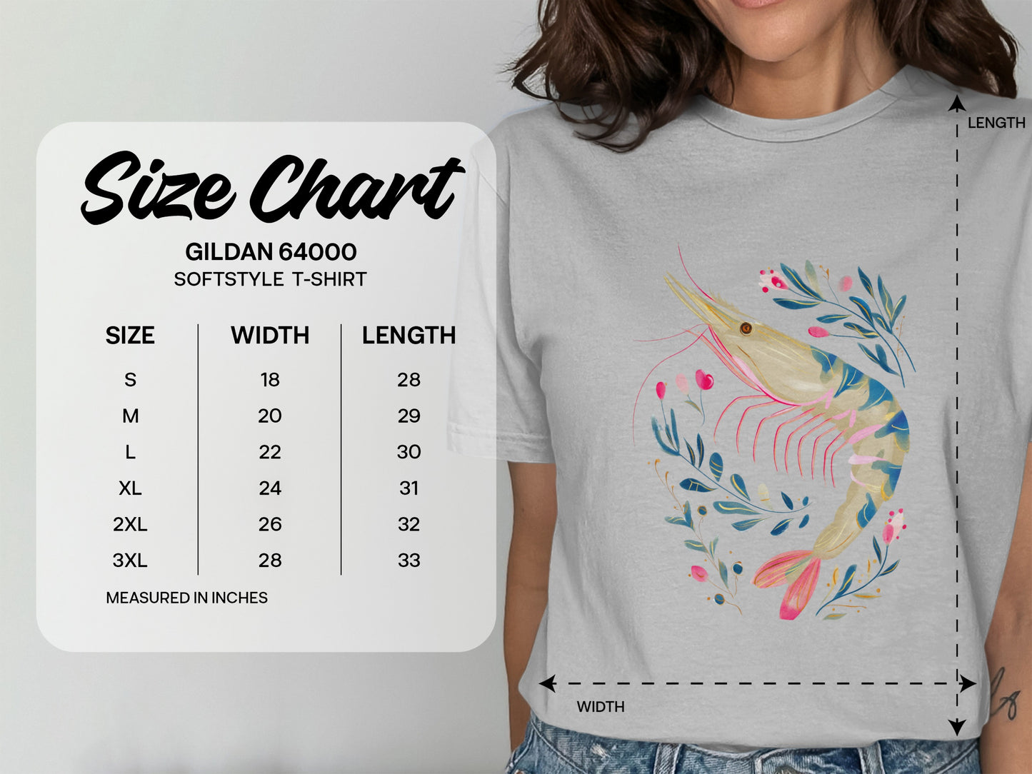 Gildan 64000 Softstyle T-Shirt size chart with measurements in inches.