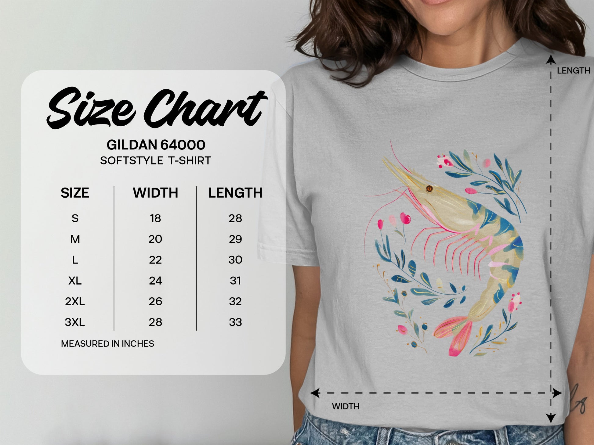 Gildan 64000 Softstyle T-Shirt size chart with measurements in inches.