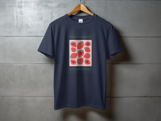Navy t-shirt with a square pattern of strawberries and "FRUIT MARKET STRAWBERRY" text.
