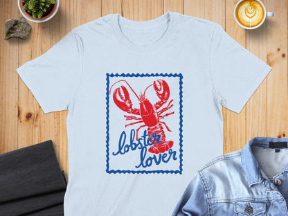 Blue stamped border around a red lobster with "lobster lover" text.