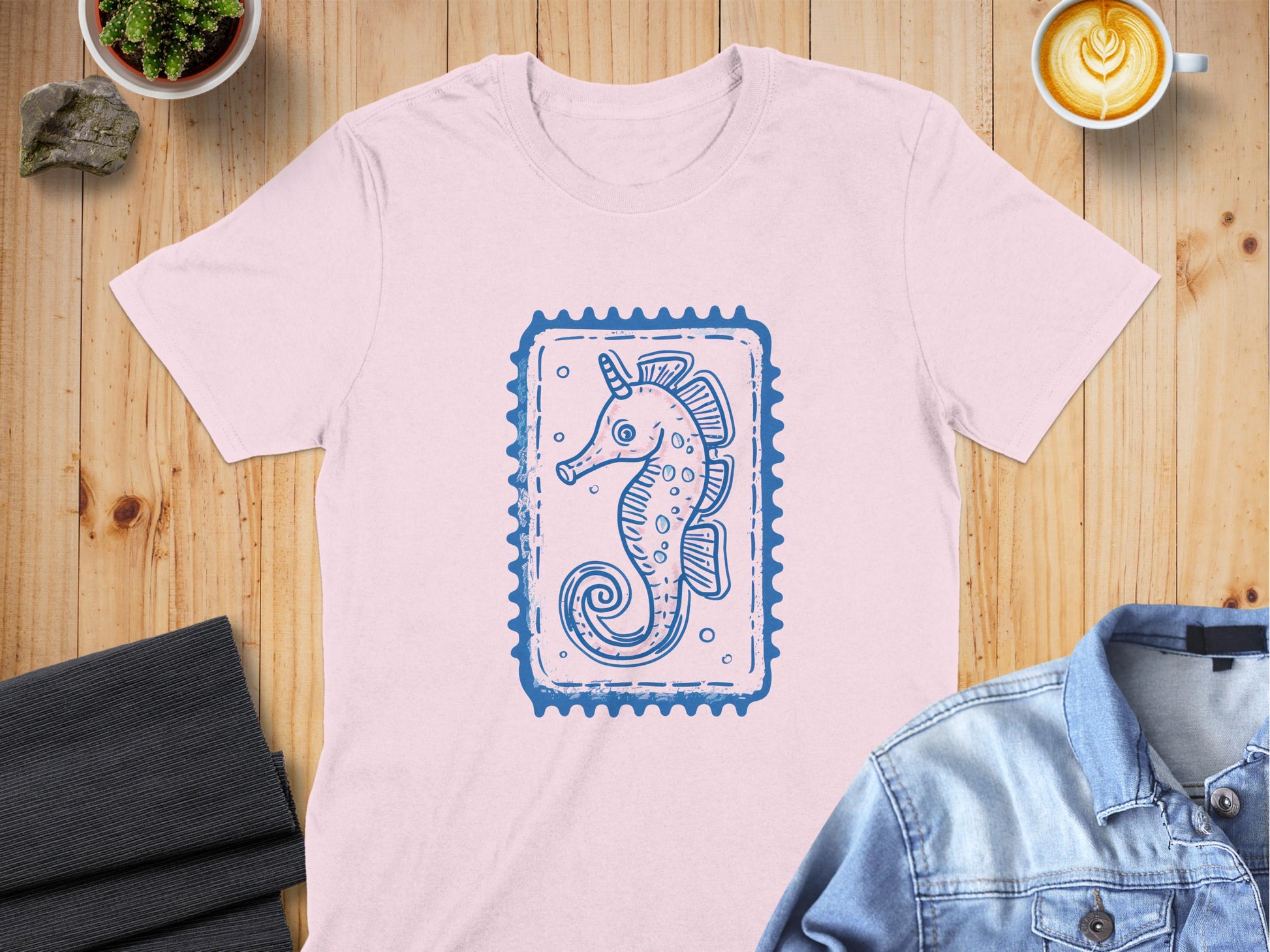 Stylish Pink Tee with Blue Seahorse Print product