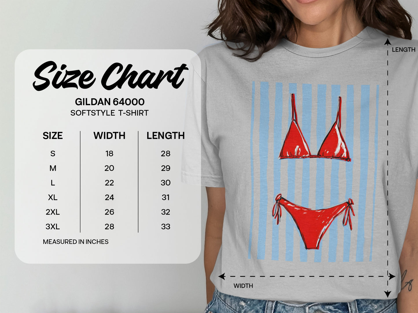 Gildan 64000 T-shirt size chart with bikini illustration.