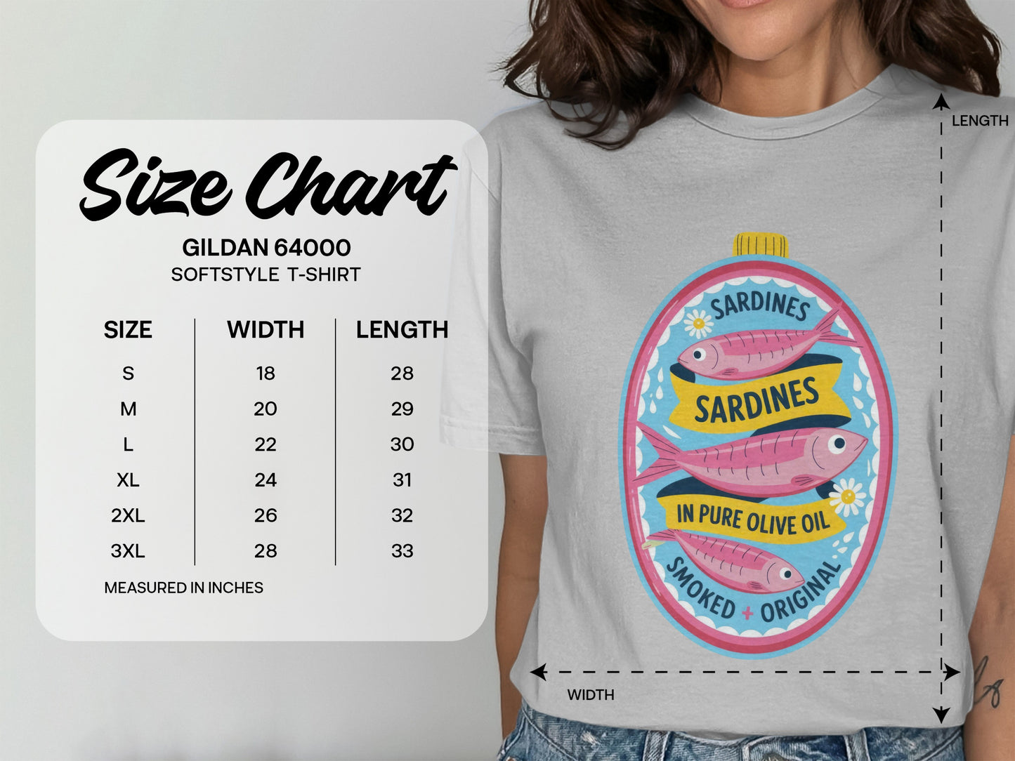 Gildan 64000 t-shirt size chart with measurements and a graphic of sardines.