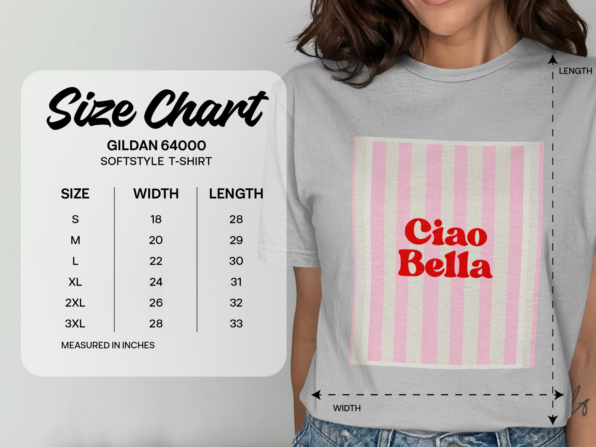 Gildan 64000 softstyle t-shirt size chart with measurements in inches.