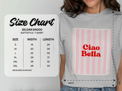 Gildan 64000 softstyle t-shirt size chart with measurements in inches.