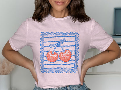 Adorable Cherry Illustration Pink T-Shirt Product Type