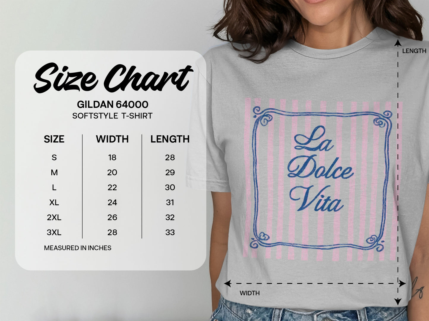 Gildan 64000 softstyle t-shirt size chart with measurements and "La Dolce Vita" text.