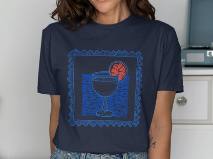 Chic Navy Blue T-Shirt with Vibrant Cocktail Graphic product