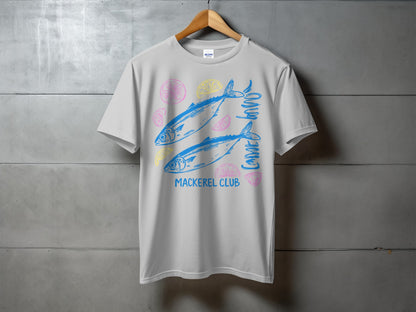 Grey t-shirt with two blue mackerel and "Mackerel Club" text.
