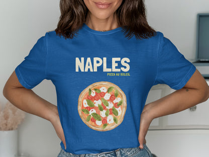 Blue t-shirt with "Naples Pizza Au Soleil" text and a pizza graphic.