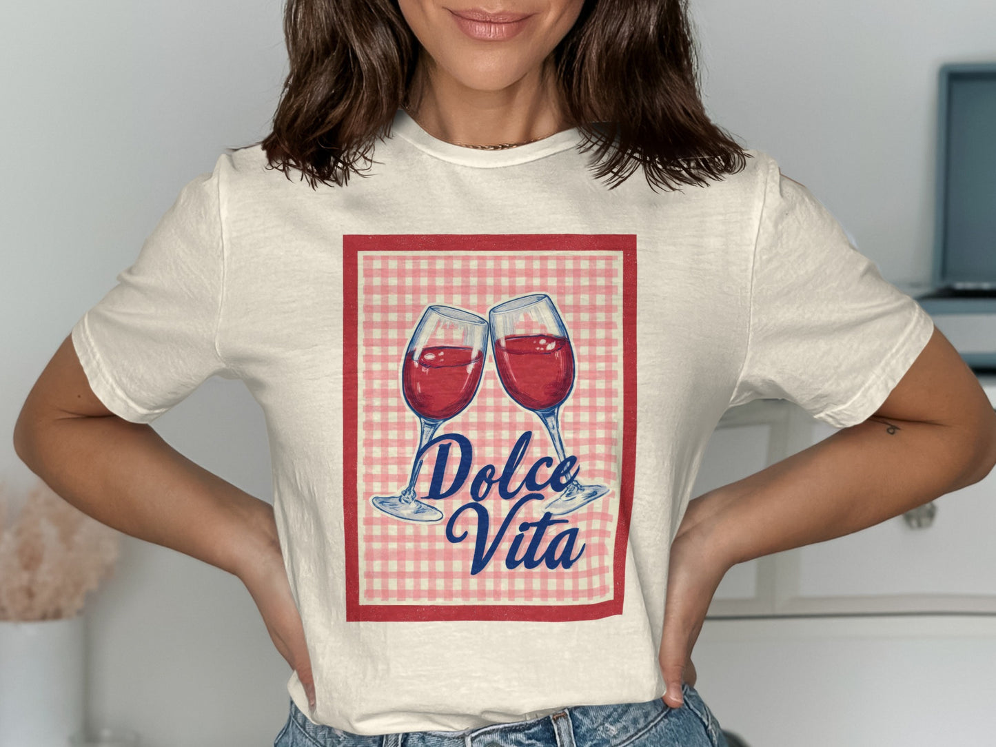 Cream t-shirt with "Dolce Vita" and two glasses of red wine.