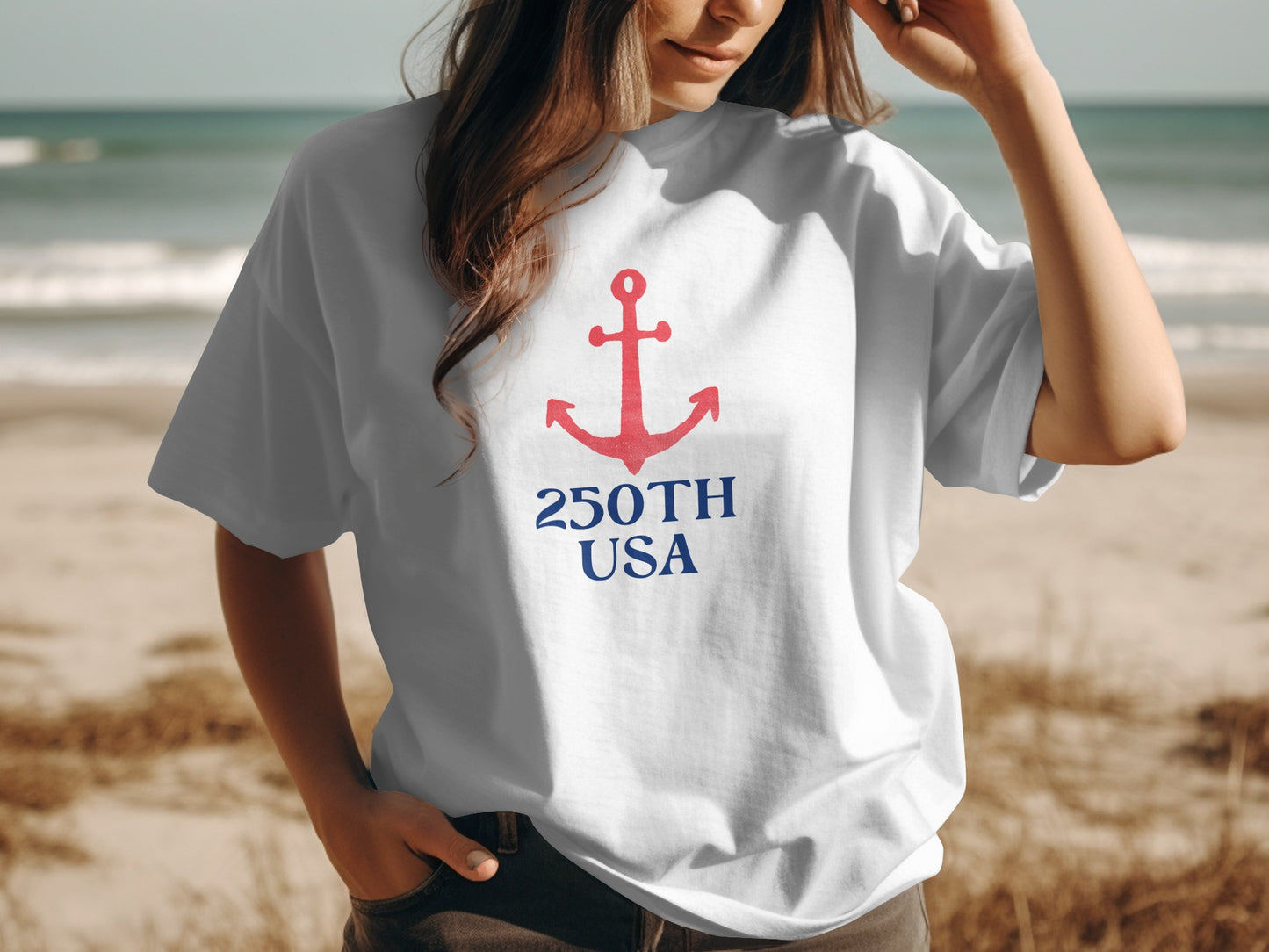 White t-shirt with red anchor and "250TH USA" text.