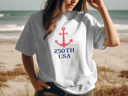 White t-shirt with red anchor and "250TH USA" text.