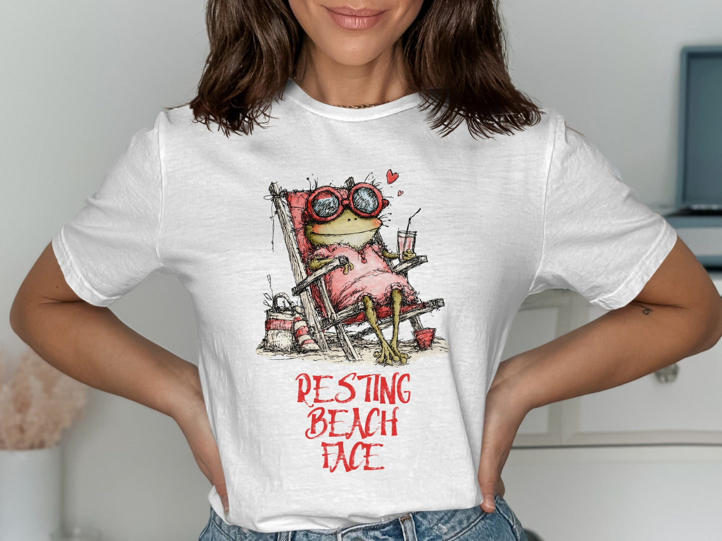 Illustration of a frog in a beach chair wearing sunglasses with "RESTING BEACH FACE" text.