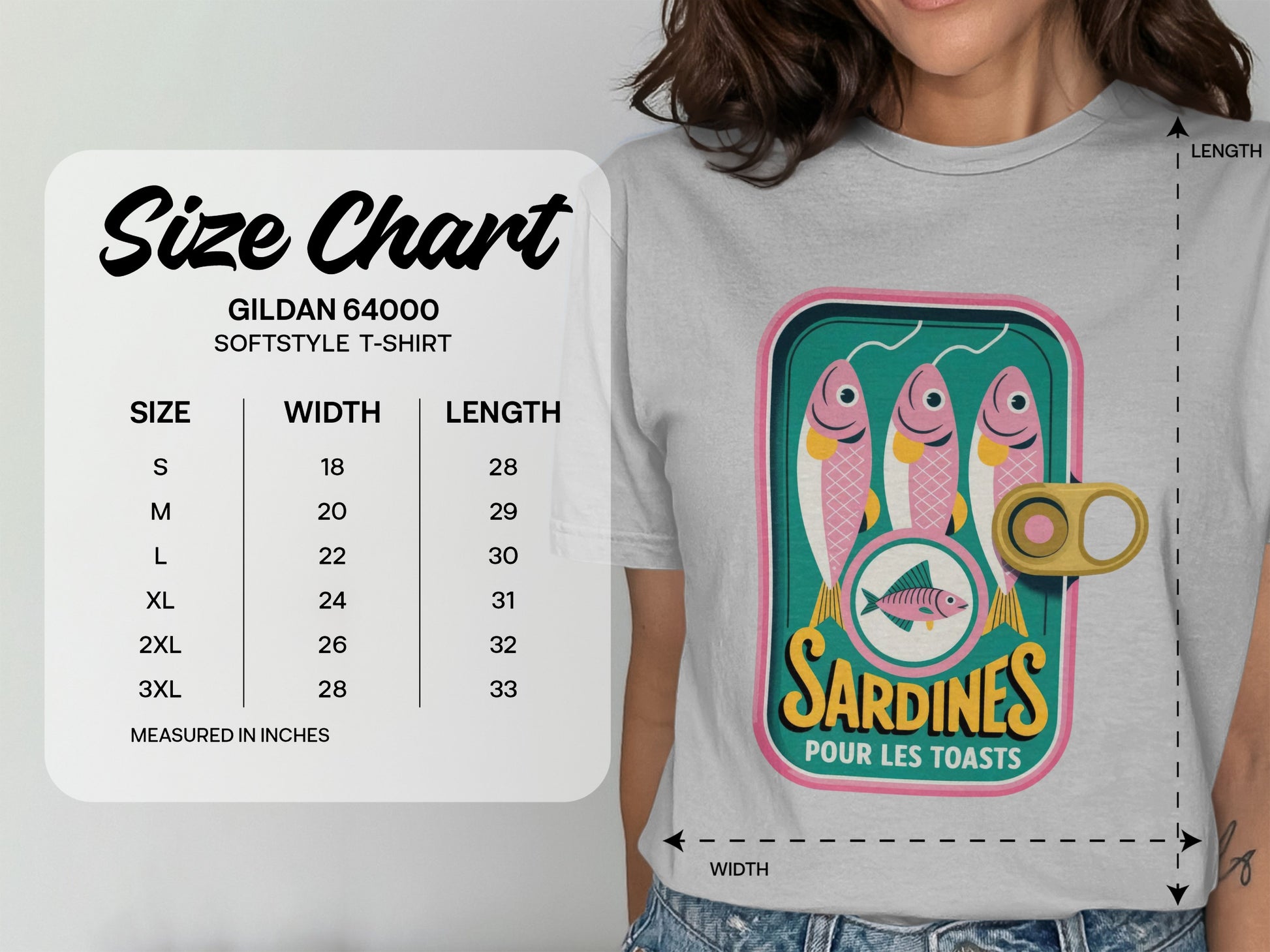 Gildan 64000 size chart for softstyle t-shirts with sardine can graphic.