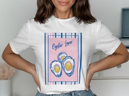 White t-shirt with "Oyster Lover" text and three oyster illustrations.
