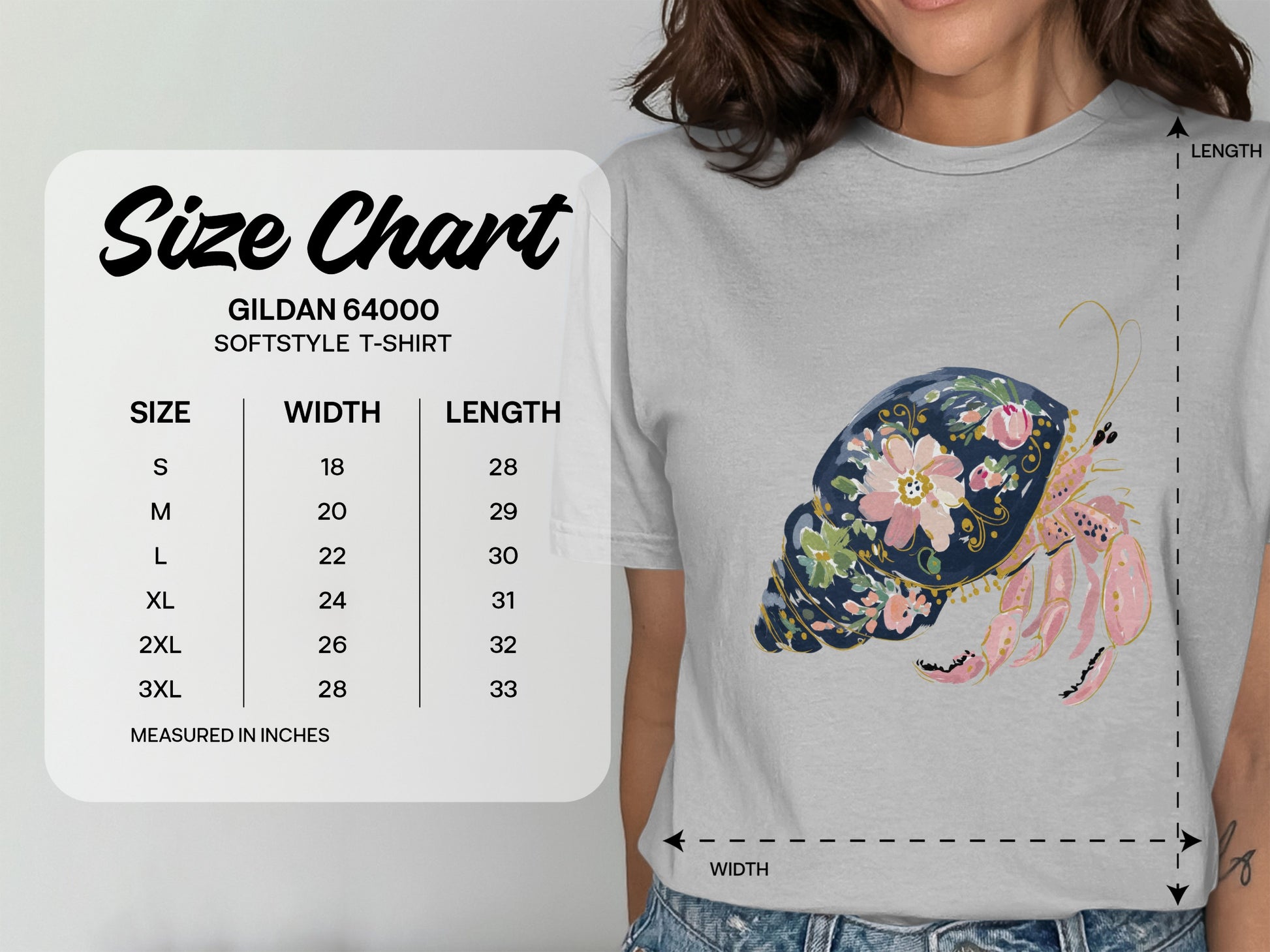 Gildan 64000 Softstyle T-shirt size chart with measurements.