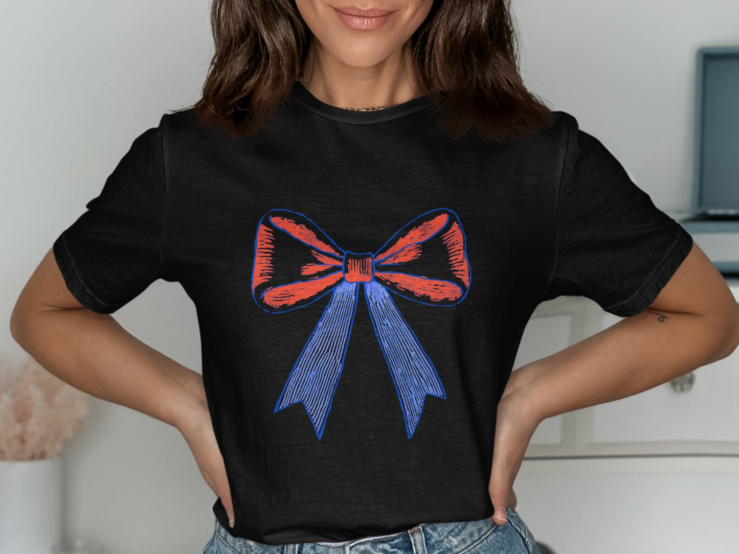 Black T-shirt with Artistic Red and Blue Bow product