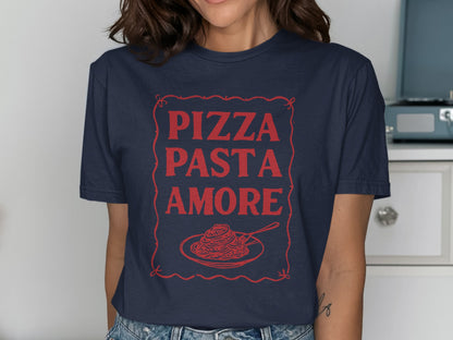 Navy t-shirt with red text "Pizza Pasta Amore" and pasta graphic.