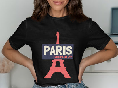 Black t-shirt with Eiffel Tower graphic and "PARIS L'AMOUR DANS L'AIR" text.