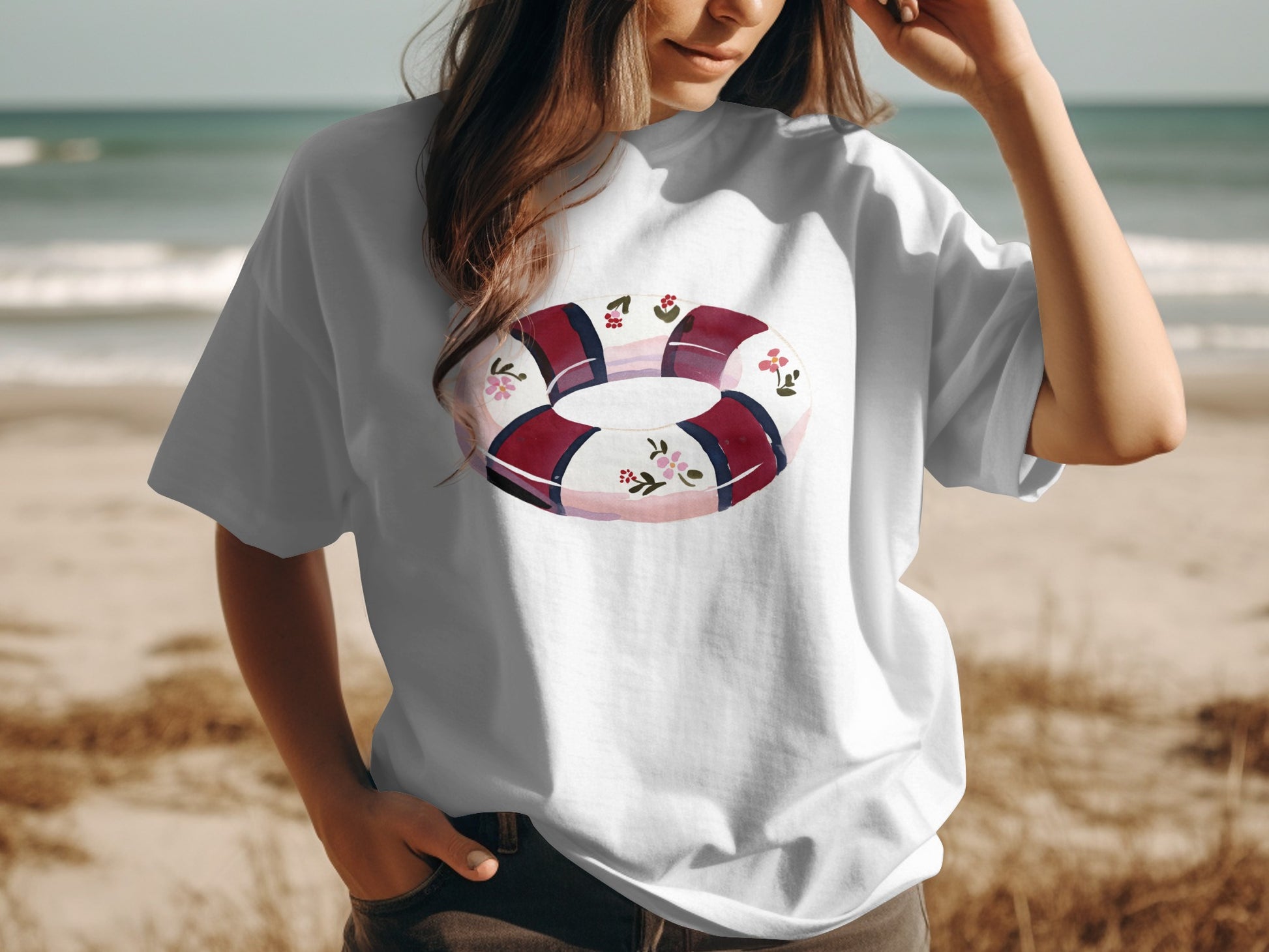 White t-shirt with a floral life preserver design.