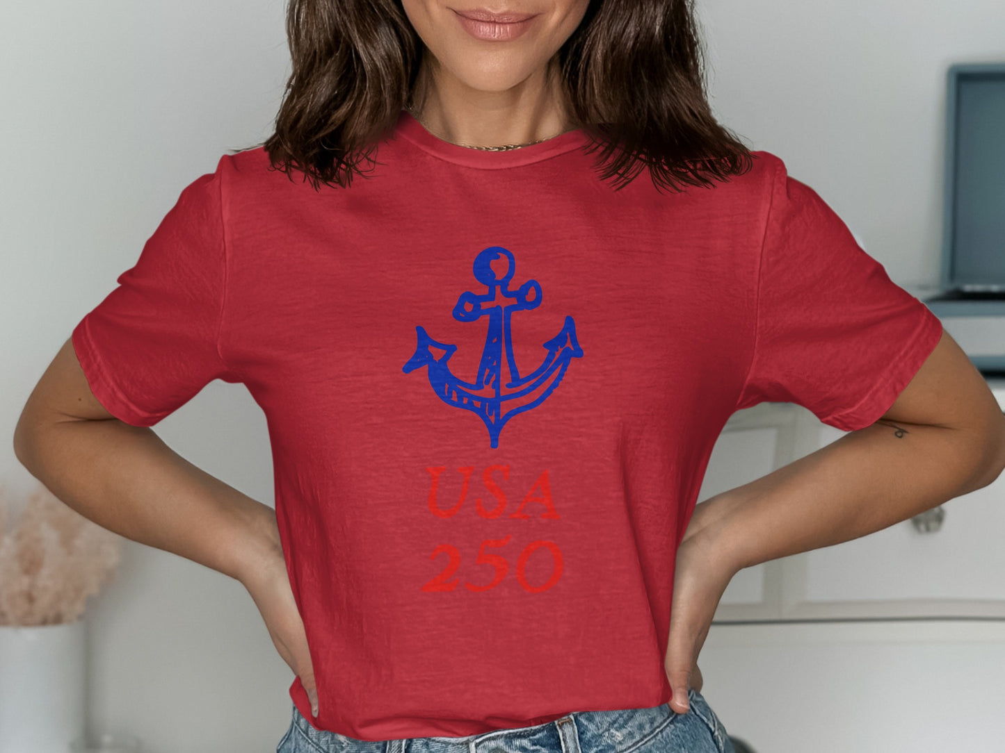 Red t-shirt with blue anchor and "USA 250" text.