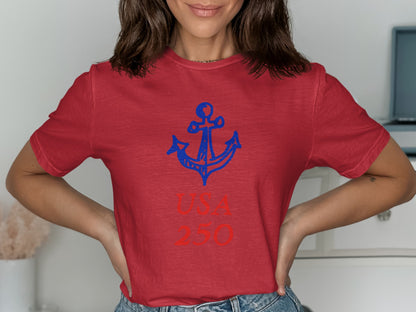 Red t-shirt with blue anchor and "USA 250" text.