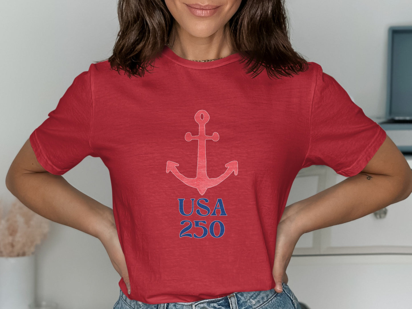 Red t-shirt with an anchor and "USA 250" graphic.