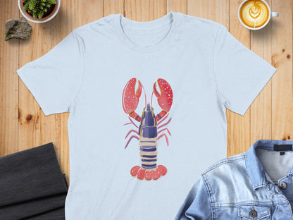 Light blue t-shirt featuring a cartoon lobster graphic.