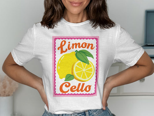 White t-shirt with "Limoncello" text and a lemon graphic.