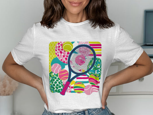 Colorful Tennis Racket and Balls Graphic T-shirt product