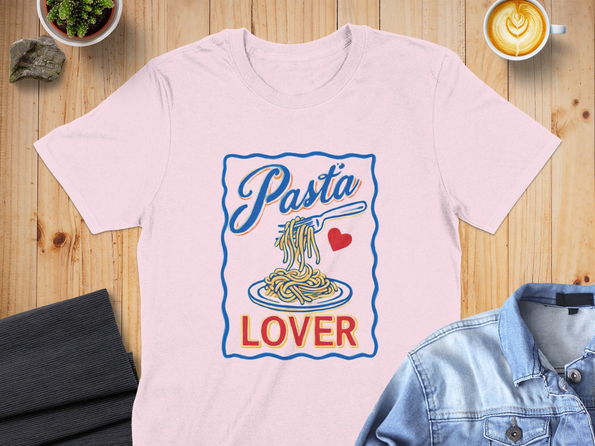 Pink t-shirt with "Pasta Lover" and spaghetti graphic.