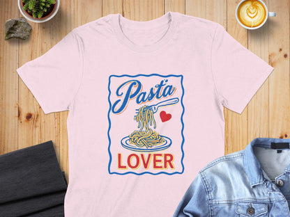 Pink t-shirt with "Pasta Lover" and spaghetti graphic.