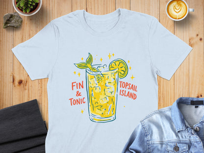 White t-shirt with yellow "Fin & Tonic" cocktail graphic and "Topsail Island" text.