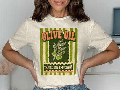 White t-shirt with "OLIVE OIL TRADIZIONE E PASSIONE" graphic.