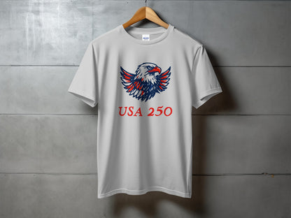 White t-shirt with red, white, and blue eagle graphic and "USA 250" text.
