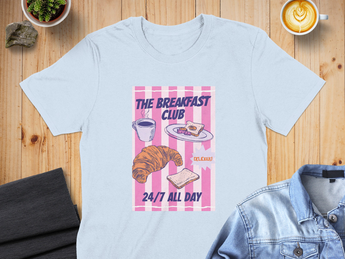 Pink striped t-shirt with "The Breakfast Club" and breakfast items.