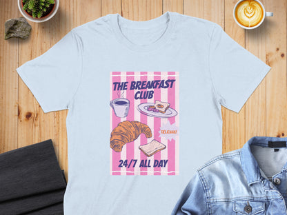 Pink striped t-shirt with "The Breakfast Club" and breakfast items.