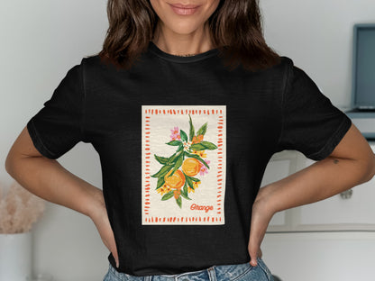Black t-shirt featuring a graphic of an orange branch with blossoms and text.
